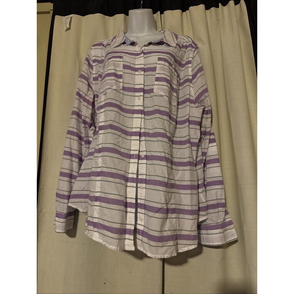 Lane Bryant Womens Size  XL Gauzy 100% Cotton Shirt Purple Striped Button-Up